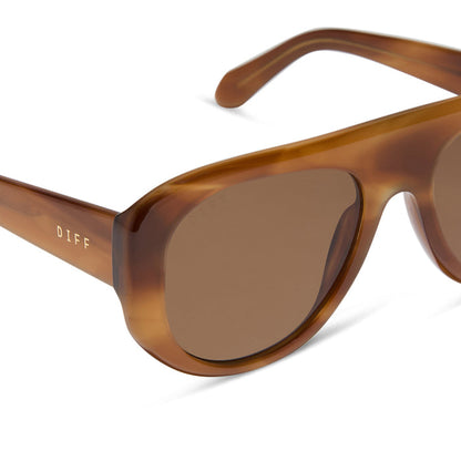 diff eyewear featuring the morgan shield sunglasses with a tawny tortoise frame and brown lenses detailed view