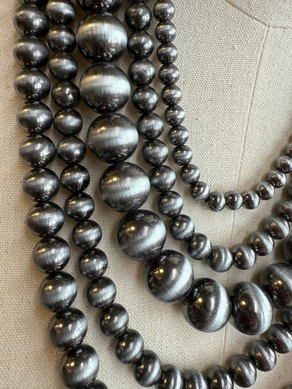 Graduated metallic gray pearl necklace with multi-layer drape, close-up bead rows