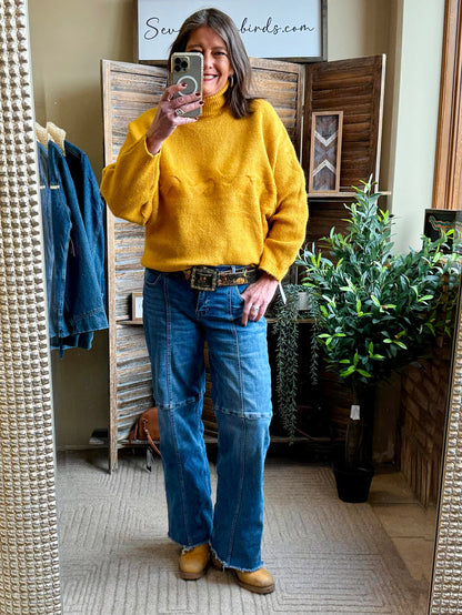 Mustard cable turtleneck sweater with long sleeves