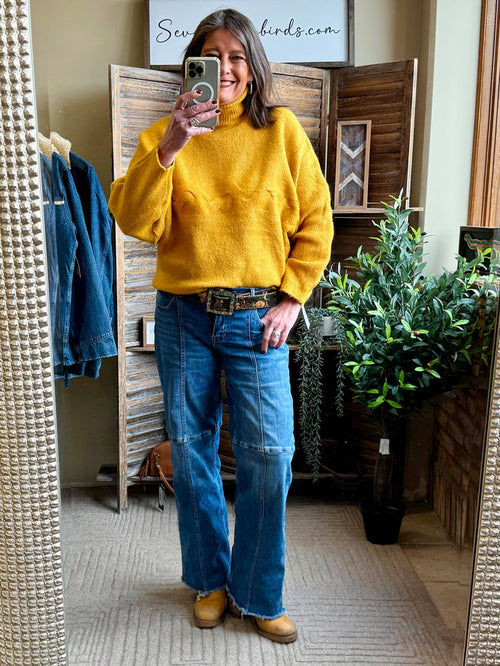 Mustard cable turtleneck sweater with long sleeves