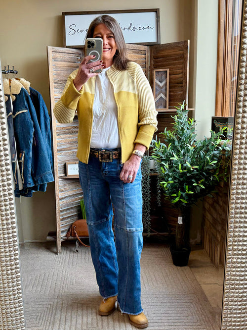 Mustard ribbed fitted cardigan sweater, front zip, long sleeves