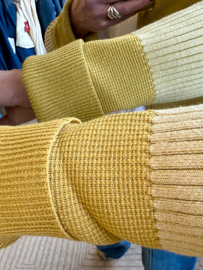 Mustard ribbed cardigan sweater cuff detail, chunky textured knit