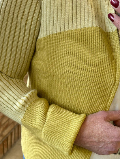 Mustard ribbed cardigan sweater detail, textured knit hem and cuff