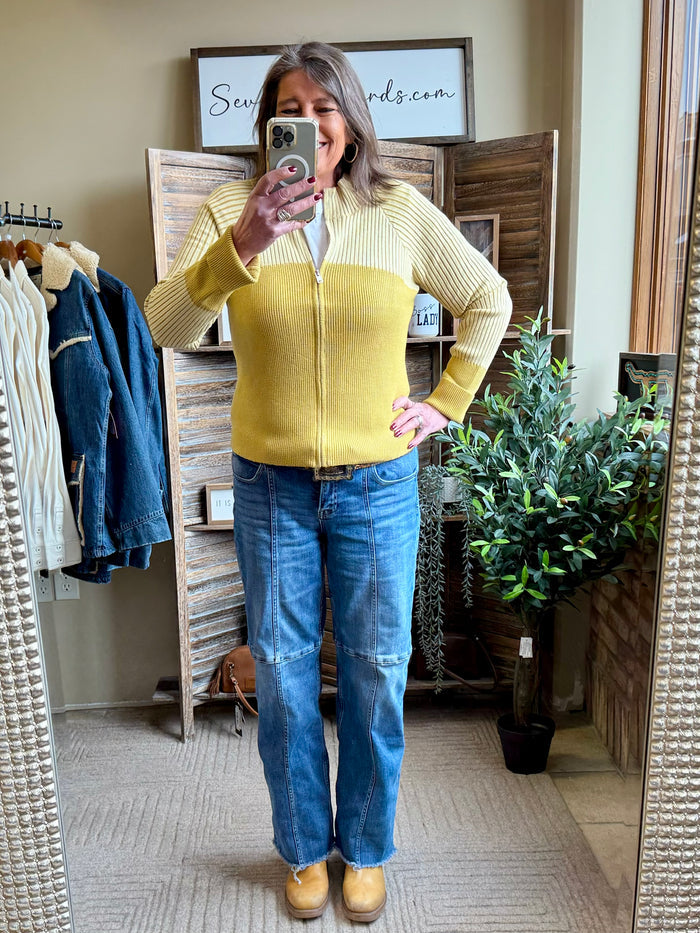 Mustard ribbed fitted cardigan sweater, front zip, long sleeves, waist length