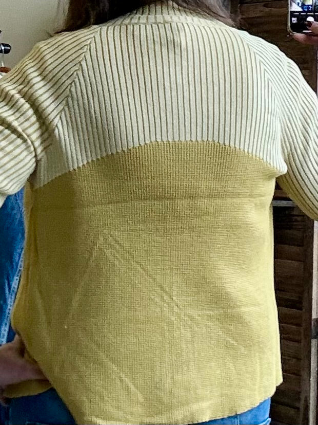 Mustard ribbed fitted cardigan sweater, long sleeves, back view