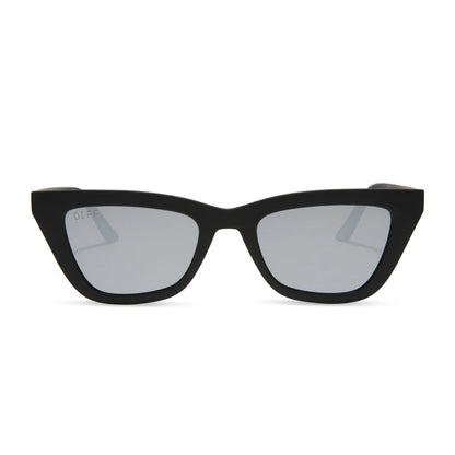 diff eyewear noelle cat eye sunglasses with a matte black frame and grey lenses front view