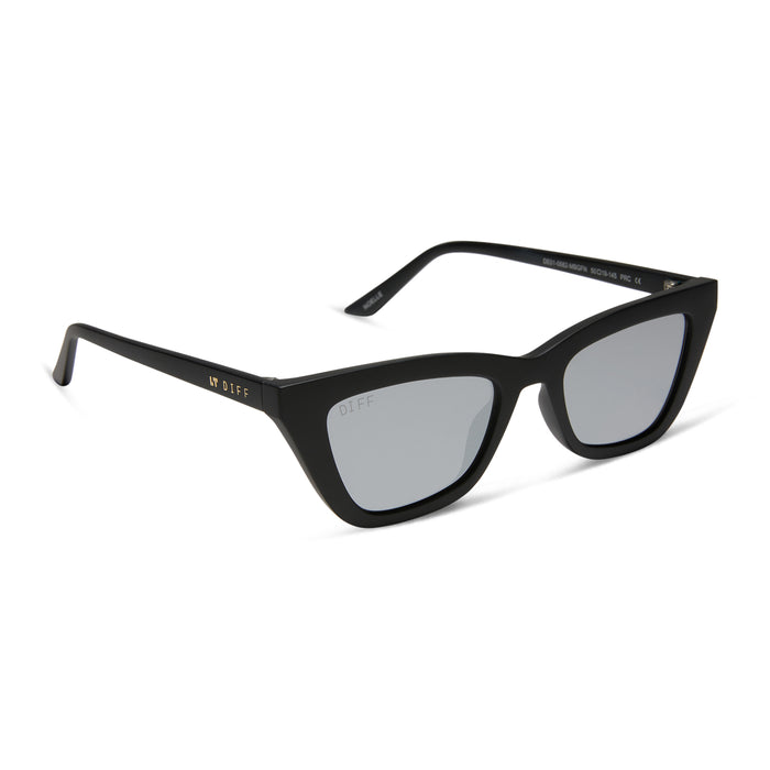 diff eyewear noelle cat eye sunglasses with a matte black frame and grey lenses angled view