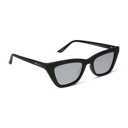 diff eyewear noelle cat eye sunglasses with a matte black frame and grey lenses angled view