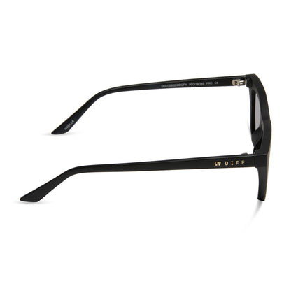 diff eyewear noelle cat eye sunglasses with a matte black frame and grey lenses side view