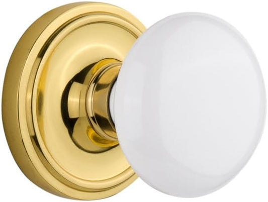 Nostalgic Warehouse 702208 Classic Rosette With White Porcelain Door Knob Passage 2.375in Polished Brass