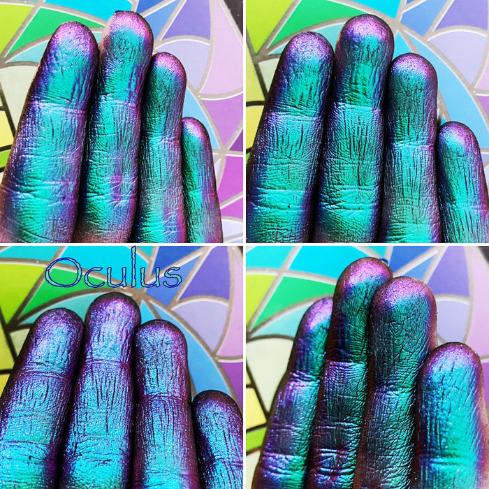 Finger swatches of Oculus Jewelled Multichrome Eyeshadow angle shifts turquoise-blue-violet-pink-red-orange-gold