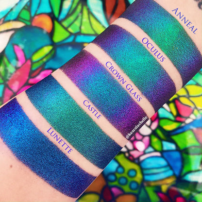 Top Angled arm swatches on fair skin tone of Oculus Jewelled Multichrome Eyeshadow shifts compared to Anneal, Crown Glass, Castle, Lunette