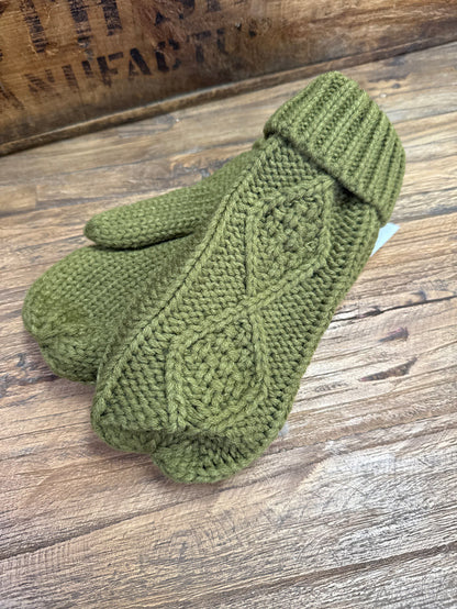Olive green cable-knit mittens with ribbed cuff and textured cable pattern