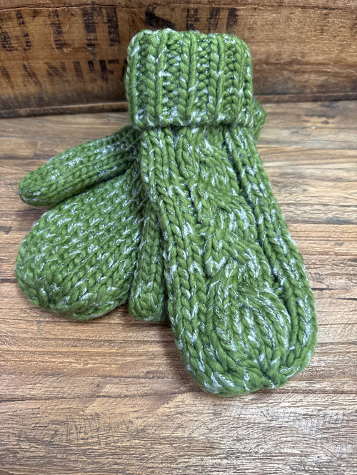 Olive cable knit mittens with ribbed cuffs and textured cable pattern