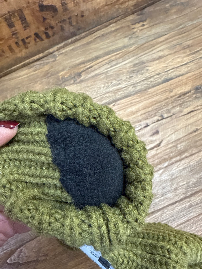Olive green knitted mitten with dark fleece lining and ribbed cuff