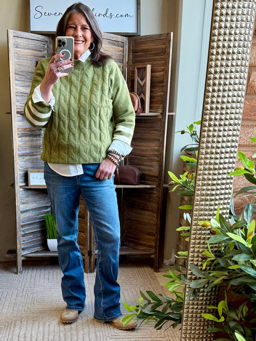 Olive cable knit crew neck varsity sweater with white stripe sleeve detail