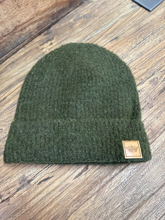 Olive knit cuffed beanie hat with leather patch