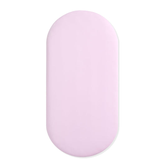Light purple oval bassinet sheet on a white background