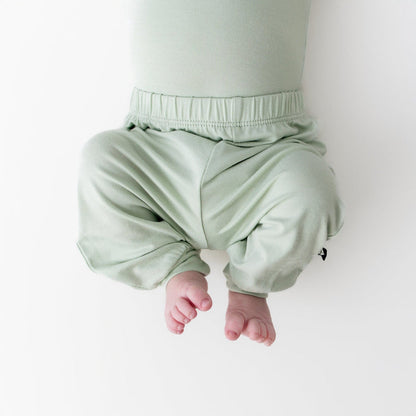 close up of the Pant in Basil on a newborn