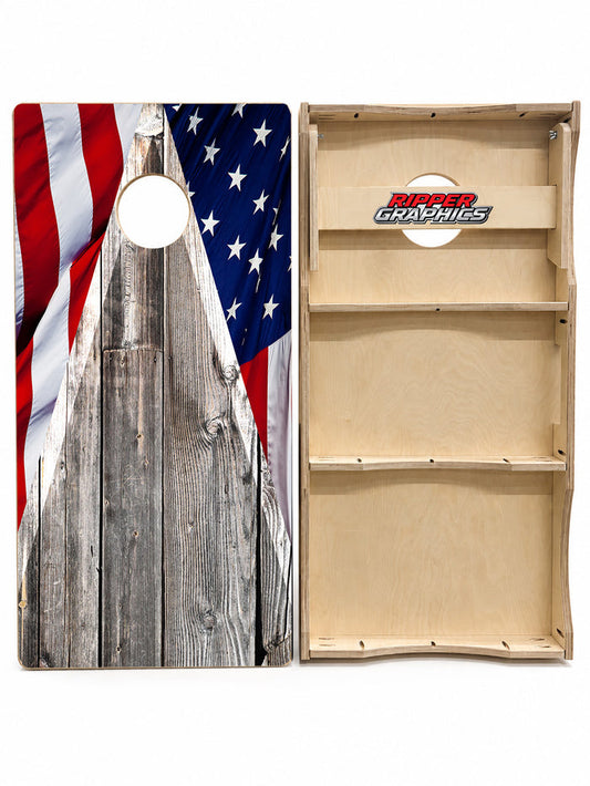 Patriotic Flag & Barnwood Cornhole Design