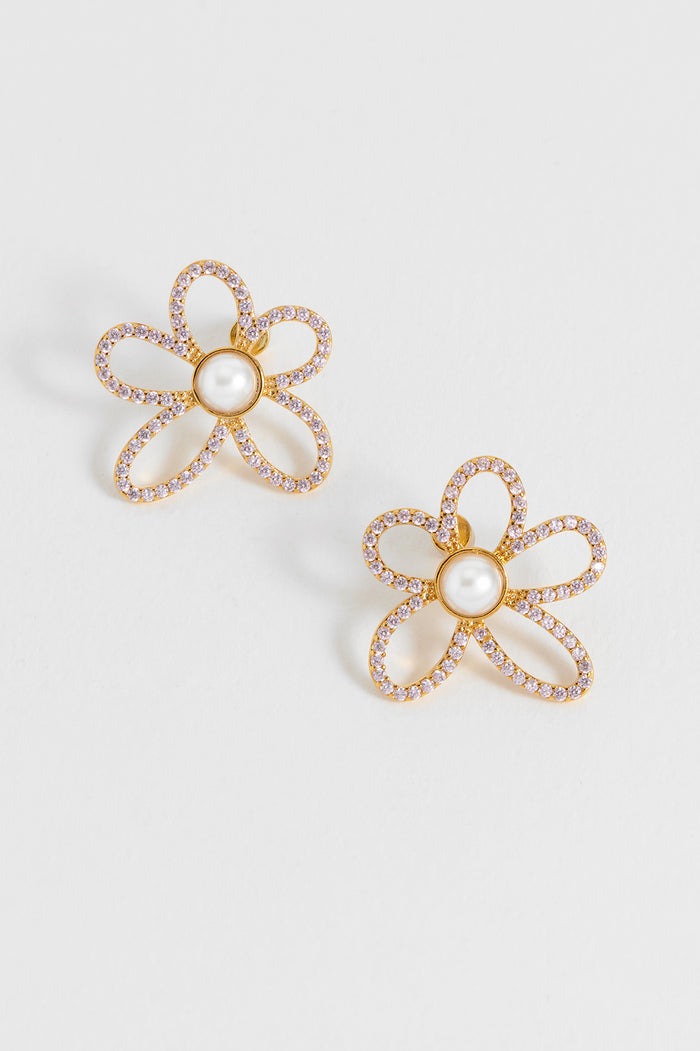 Pink Tennis Chain and Pearl Flower Earrings