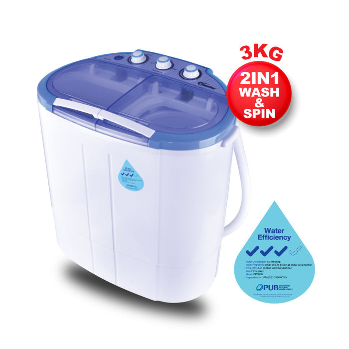 PowerPac 2in1 Twin Tub Mini Washing Machine - Wash & Spin Fast Laundry (PPW920)
