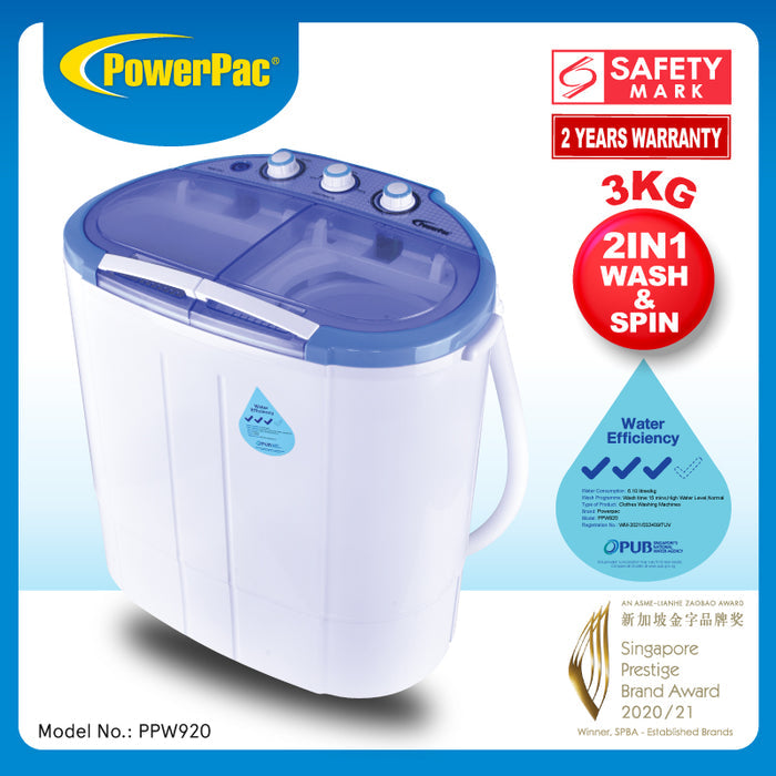 PowerPac 2in1 Twin Tub Mini Washing Machine - Wash & Spin Fast Laundry (PPW920)