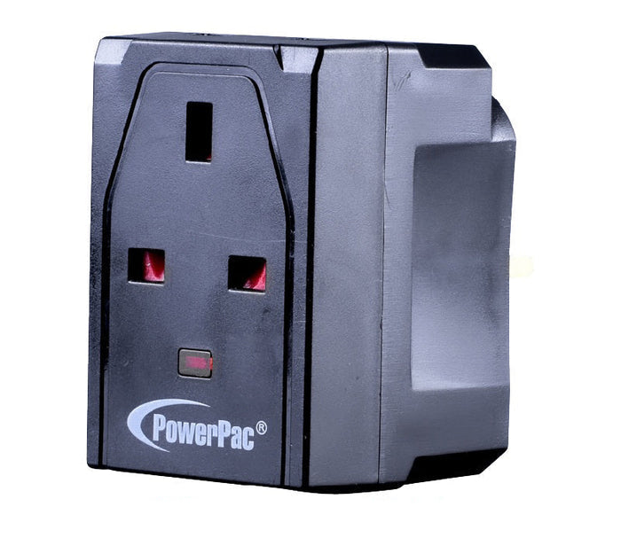 PowerPac Adapter with 3-Pin Plug – 3-Way 3-Pin Sockets, Neon LED, PP144NBK