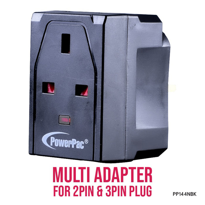 PowerPac Adapter with 3-Pin Plug – 3-Way 3-Pin Sockets, Neon LED, PP144NBK
