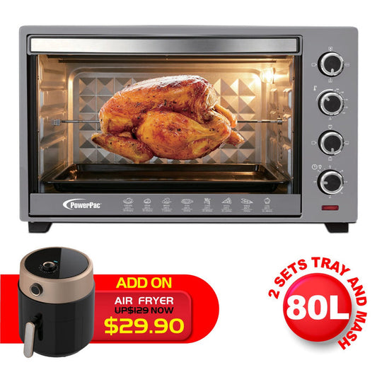 PowerPac Electric Oven 80L with Rotisserie and convection functions, 2 trays and grill racks (PPT80)
