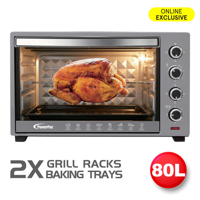 PowerPac Electric Oven 80L with Rotisserie and convection functions, 2 trays and grill racks (PPT80)