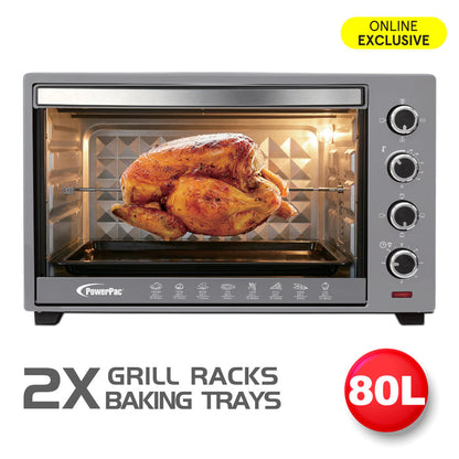 PowerPac Electric Oven 80L with Rotisserie and convection functions, 2 trays and grill racks (PPT80)
