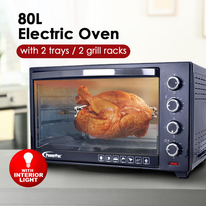 PowerPac Electric Oven 80L with Rotisserie and convection functions, 2 trays and grill racks (PPT80)