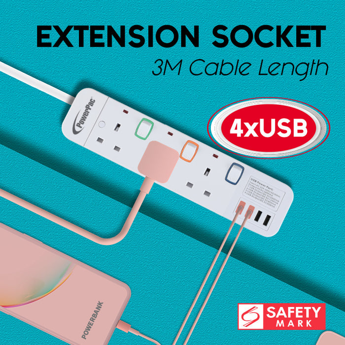 PowerPac Extension Cord, Extension Socket, Power Cord 3 Metre 3 way with 4x USB Charger (PP9113U)