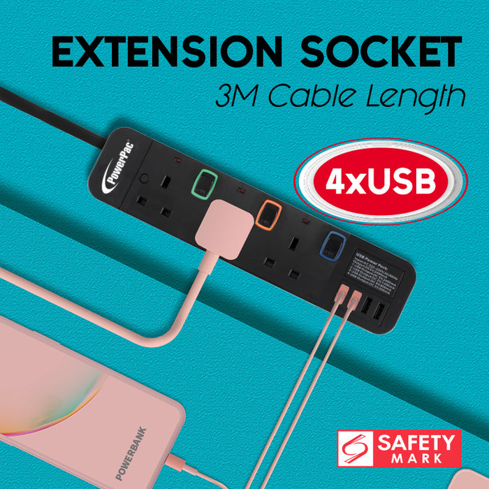 PowerPac Extension Cord, Extension Socket, Power Cord 3 Metre 3 way with 4x USB Charger (PP9113UBK)