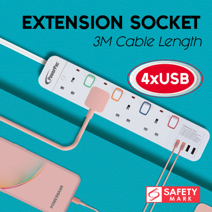 PowerPac Extension Cord, Extension Socket, Power Cord 3 Metre 4 way with 4x USB Charger (PP9114U)