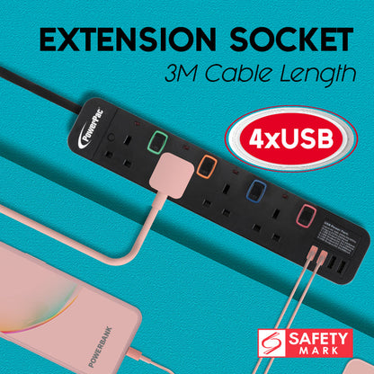 PowerPac Extension Cord, Extension Socket, Power Cord 3 Metre 4 way with 4x USB Charger (PP9114UBK)