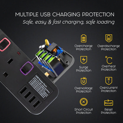 PowerPac Extension Cord, Extension Socket, Power Cord 3 Metre 4 way with 4x USB Charger (PP9114UBK)