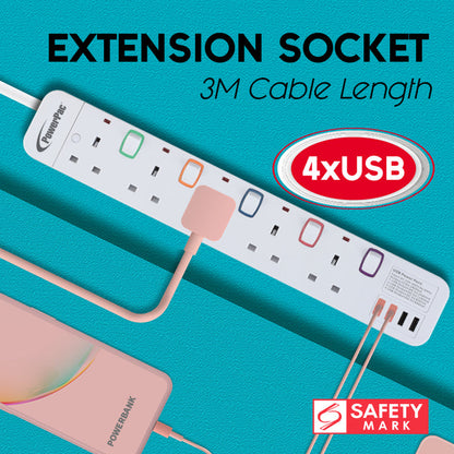 PowerPac Extension Cord, Extension Socket, Power Cord 3 Metre 5 way with 4x USB Charger (PP9115U)