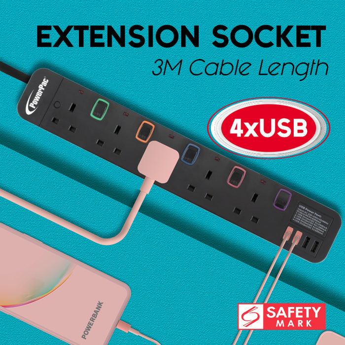 PowerPac Extension Cord, Extension Socket, Power Cord 3 Metre 5 way with 4x USB Charger (PP9115UBK)