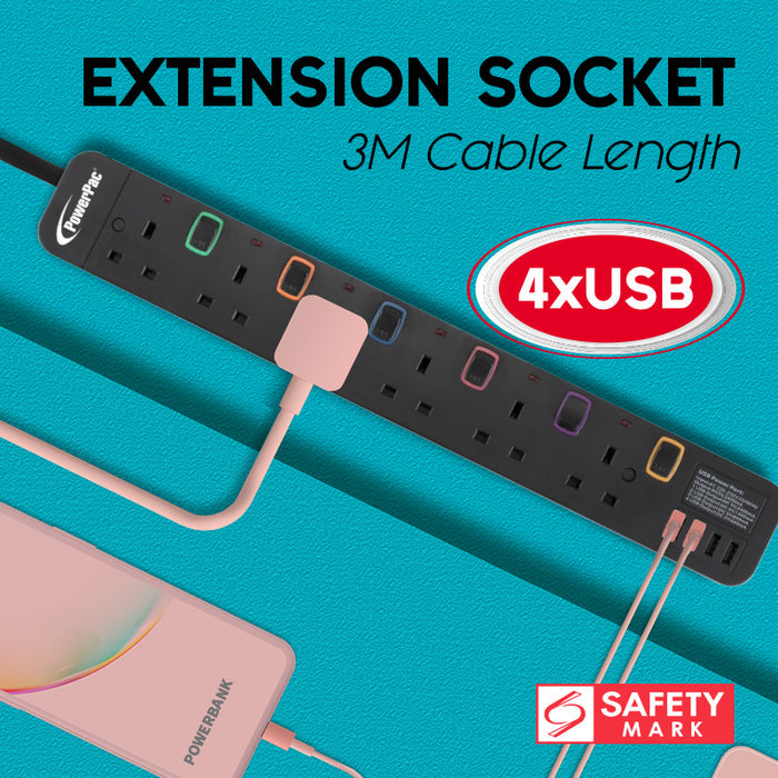 PowerPac Extension Cord, Extension Socket, Power Cord 3 Metre 6 way with 4x USB Charger (PP9116UBK)