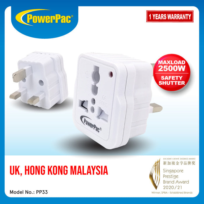 PowerPac Multi Adapter with 3-Pin Plug – Multi Sockets, Travel Adapter, Neon LED, PT33