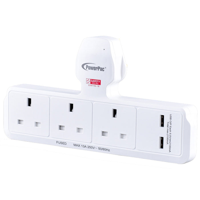 PowerPac Multi Plug Extension Adapter with 3 Way, 2x USB-A, Power Extension Socket Adaptor (PP288U)