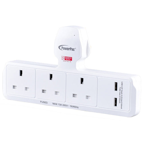 PowerPac Multi Plug Extension Adapter with 3 Way, 2x USB-A, Power Extension Socket Adaptor (PP288U)