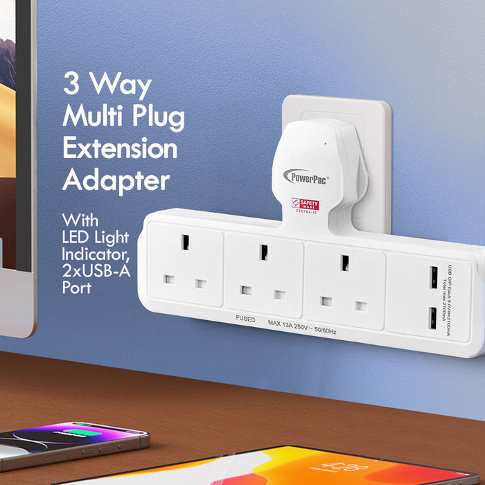 PowerPac Multi Plug Extension Adapter with 3 Way, 2x USB-A, Power Extension Socket Adaptor (PP288U)