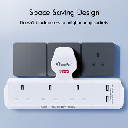 PowerPac Multi Plug Extension Adapter with 3 Way, 2x USB-A, Power Extension Socket Adaptor (PP288U)