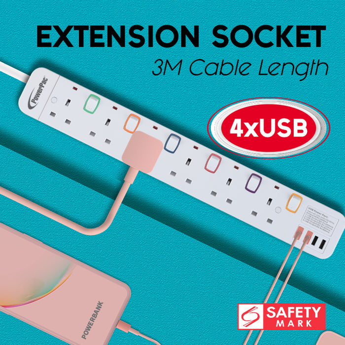 PowerPac Power Extension Socket Extension Cord 6way 3 meter with 4x USB Charger (PP9116U)