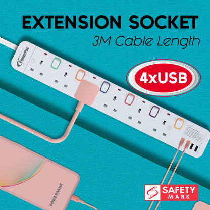 PowerPac Power Extension Socket Extension Cord 6way 3 meter with 4x USB Charger (PP9116U)
