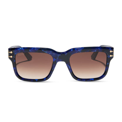 wicked x diff eyewear featuring the prince fiyero square sunglasses with a regal blue tortoise frame and brown gradient lenses front view