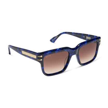wicked x diff eyewear featuring the prince fiyero square sunglasses with a regal blue tortoise frame and brown gradient lenses angled view